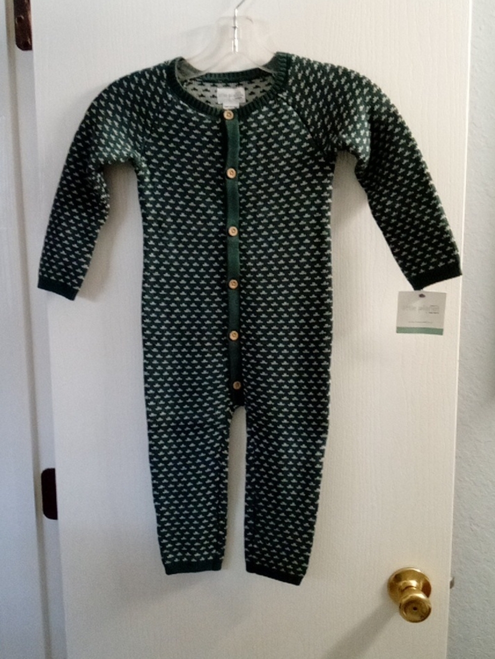Cozy Dark Green Patterned Knit Baby One-Piece